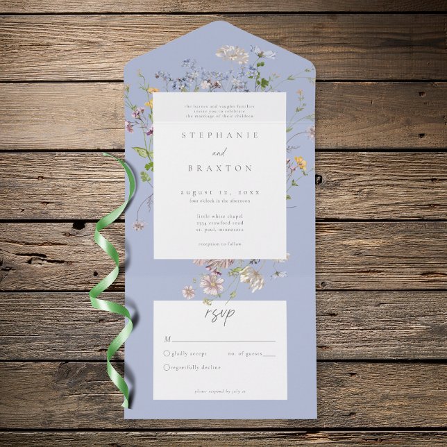 Blue Wildflower Garden Elegant Wedding All In One Einladung (Blue Wildflower Garden Elegant Wedding All In One Invitation)