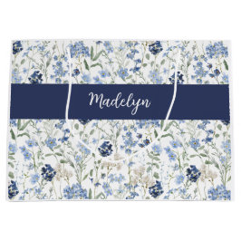 Blue Wildflower Watercolor Monogram Name Große Geschenktüte