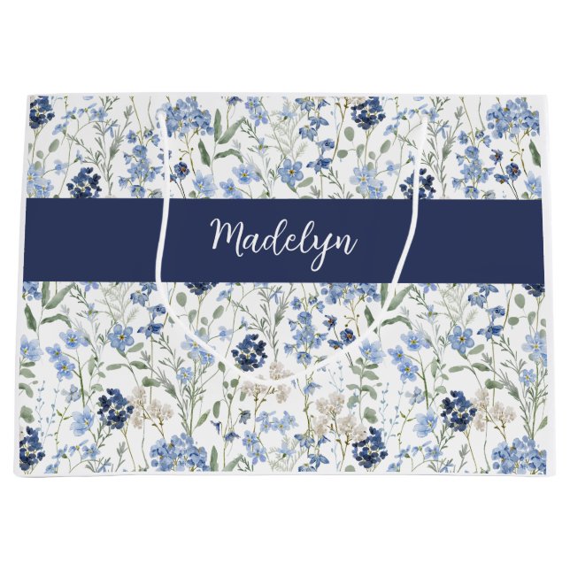 Blue Wildflower Watercolor Monogram Name Große Geschenktüte (Vorderseite)