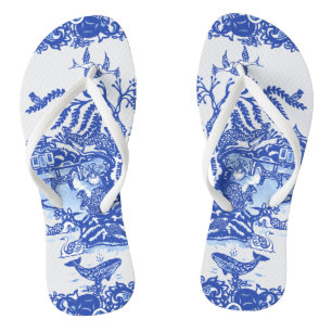 Blue Willow Animal Oriental Garden Whimsical Fox Flip Flops