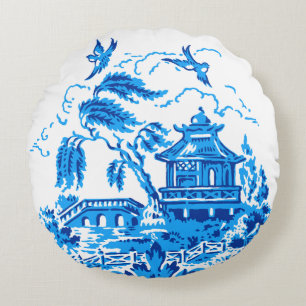 Blue Willow Blue & White China Pillow Rundes Kissen