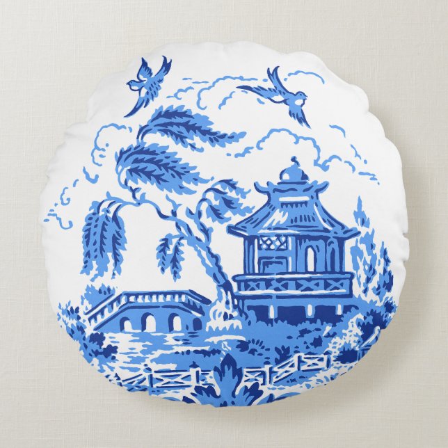 Blue Willow Blue & White China Pillow Rundes Kissen (Vorderseite)