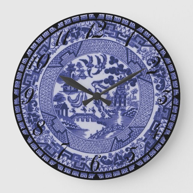 Blue Willow Blue & White China Plakatuhr Große Wanduhr (Vorderseite)