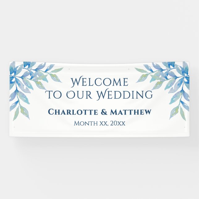 Blue Willow Branches, Watercolor Hochzeitsempfang Banner (Horizontal)