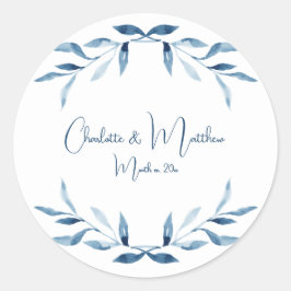 Blue Willow Branches, Watercolor Wedding Classic R Runder Aufkleber