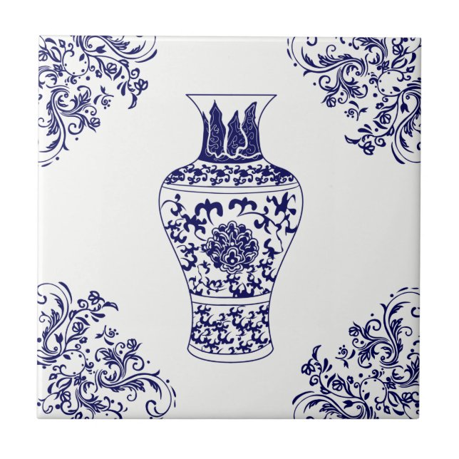 Blue Willow Chinoiserie White und Blue Ginger Jar Fliese (Vorderseite)