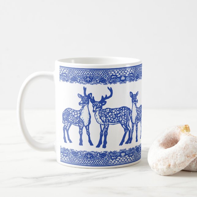 Blue Willow Deer Buck Doe Einziges Whimsisches Tie Kaffeetasse (Mit Donut)