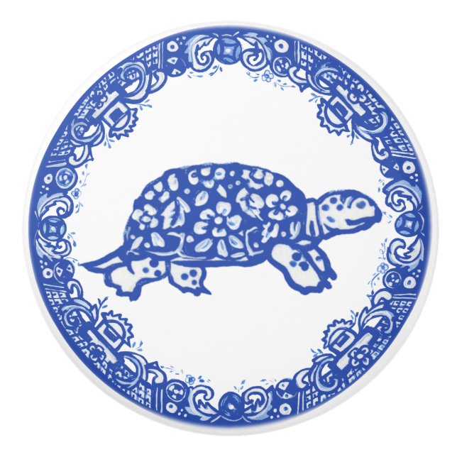 Blue Willow Design Turtle Tortoise Niedliche Gesic Keramikknauf (Vorderseite)