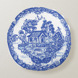 Blue Willow Lucky Cat Koi Teich China Tempel Einzi Rundes Kissen