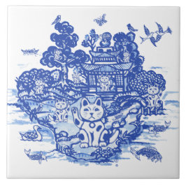 Blue Willow Lucky Cat Whimsica Chinoiserie Kunst,  Fliese