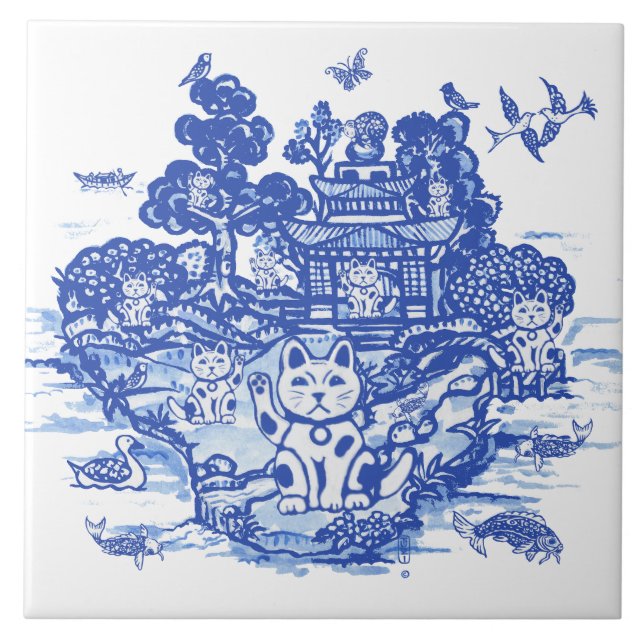 Blue Willow Lucky Cat Whimsica Chinoiserie Kunst,  Fliese (Vorderseite)