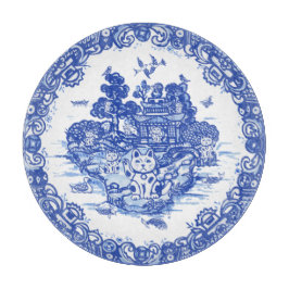 Blue Willow Lucky Cat Whimsica Chinoiserie Kunst, Schneidebrett