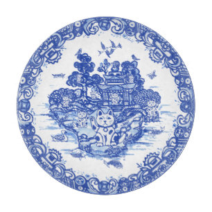 Blue Willow Lucky Cat Whimsica Chinoiserie Kunst,  Schneidebrett