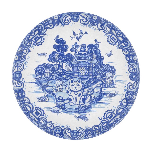 Blue Willow Lucky Cat Whimsica Chinoiserie Kunst,  Schneidebrett (Vorderseite)