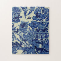 Blue Willow mit Woodland Animals Fox Rabbit Bird