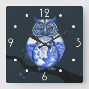 Blue Willow Owl Wall Clock Quadratische Wanduhr