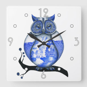 Blue Willow Owl Wall Clock Quadratische Wanduhr