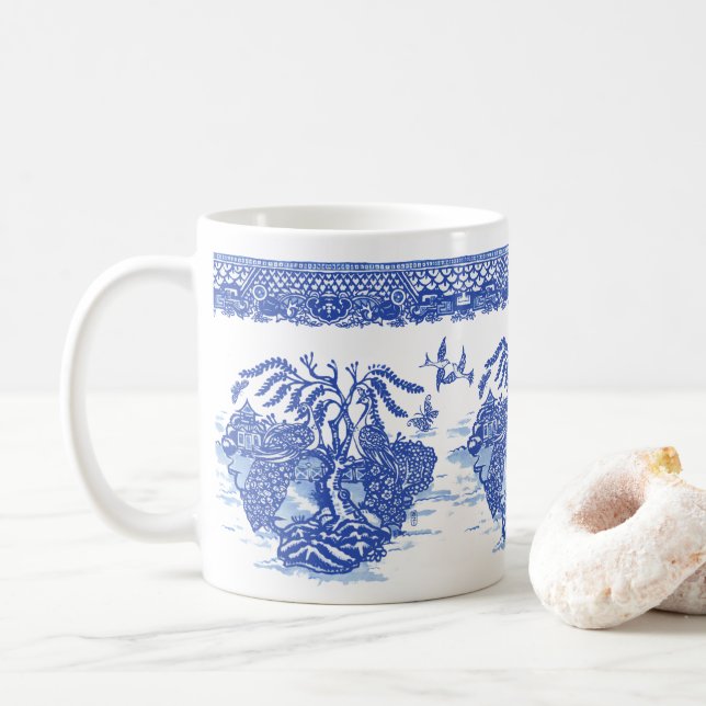 Blue Willow Peacock Bird Isle of Animals Spaß Kuns Kaffeetasse (Mit Donut)