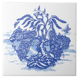 Blue Willow Peacock Island Asiatischer Tempel Fliese