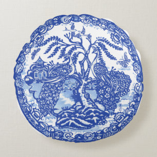 Blue Willow Peacock Island Asiatischer Tempel Rundes Kissen