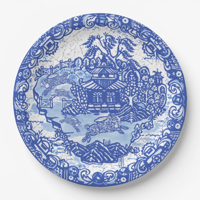 Blue Willow Rabbit Classic Vintag Crackle Pappteller (Vorderseite)