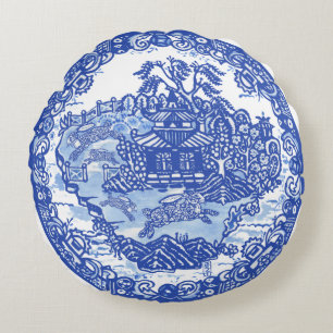 Blue Willow Rabbit Classic Vintage Kunst Asiens Rundes Kissen