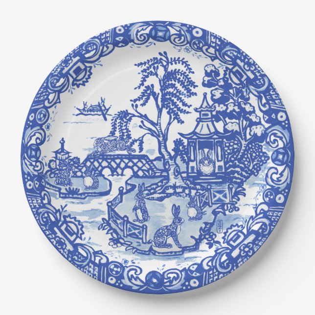 Blue Willow Rabbit Classic Whimsical Asian Pappteller (Vorderseite)