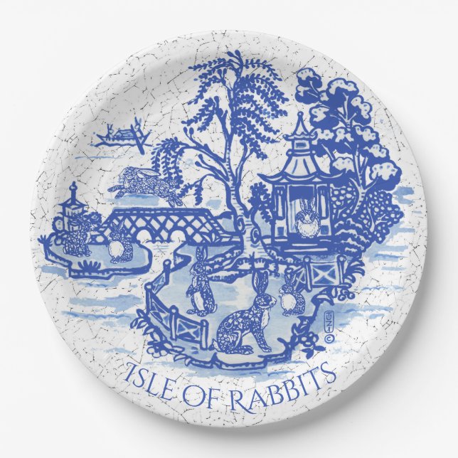 Blue Willow Rabbit Island Whimsical Classic Art Pappteller (Vorderseite)