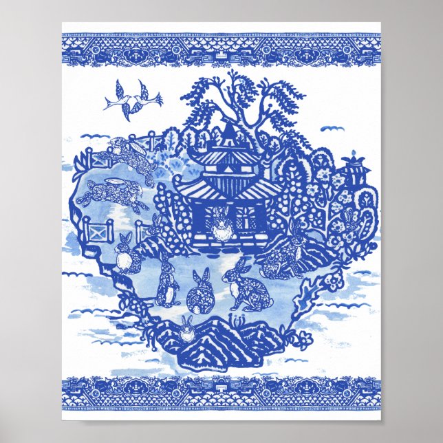 Blue Willow Rabbit Island Whimsical Oriental Art Poster (Vorne)