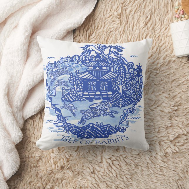 Blue Willow Rabbit Island White Whimsical Toile Kissen (Decke)