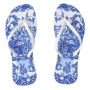 Blue Willow Rabbit Oriental Garden Whimsical Bunny Flip Flops