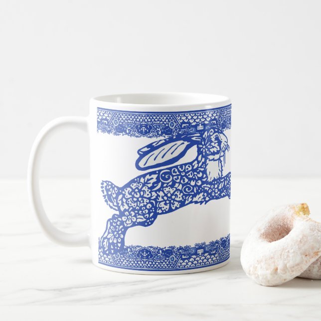 Blue Willow Rabbits Bunnies Floral Whimsical Kaffeetasse (Mit Donut)