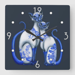 Blue Willow Siamese Cats Wall Clock Quadratische Wanduhr