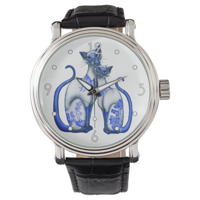'Blue Willow Siamese Cats' Watch Armbanduhr (Vorderseite)