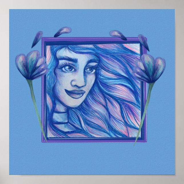 Blue Wind Goddess Floral Goddesses Windkunst Poster (Vorne)