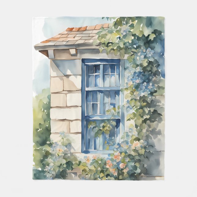 Blue Window Stone Wall Cottage Vines Fleecedecke (Vorderseite)
