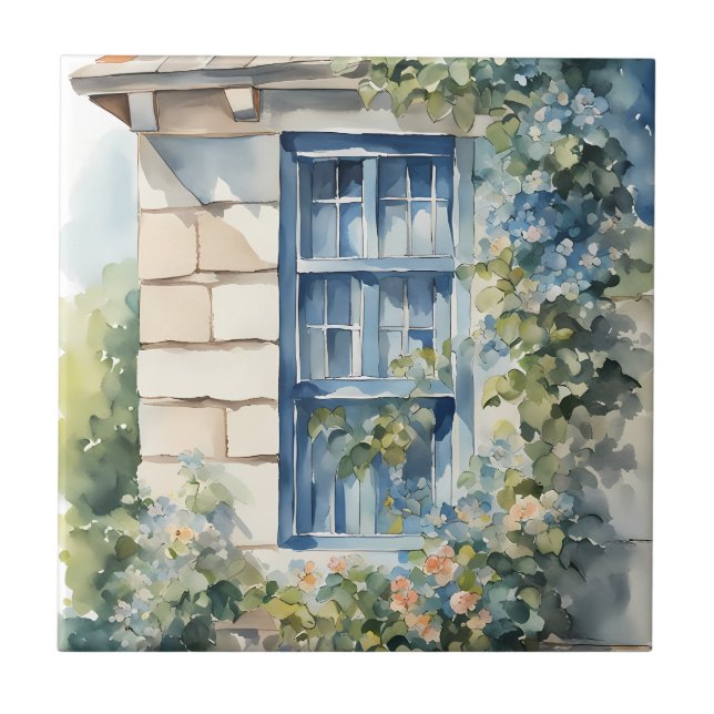 Blue Window Stone Wall Cottage Vines Fliese (Vorderseite)