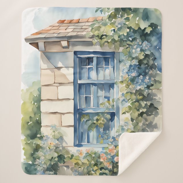 Blue Window Stone Wall Cottage Vines Sherpadecke (Vorderseite)