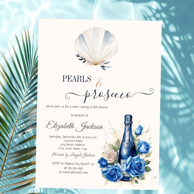 Blue Wine Roses Seashell Pearls & Prosecco  Einladung (Von Creator hochgeladen)