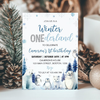 Blue Winter Animals Onederland 1. Geburtstag Einladung