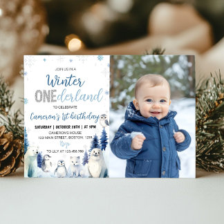 Blue Winter Animals Onederland 1. Geburtstag Foto Einladung