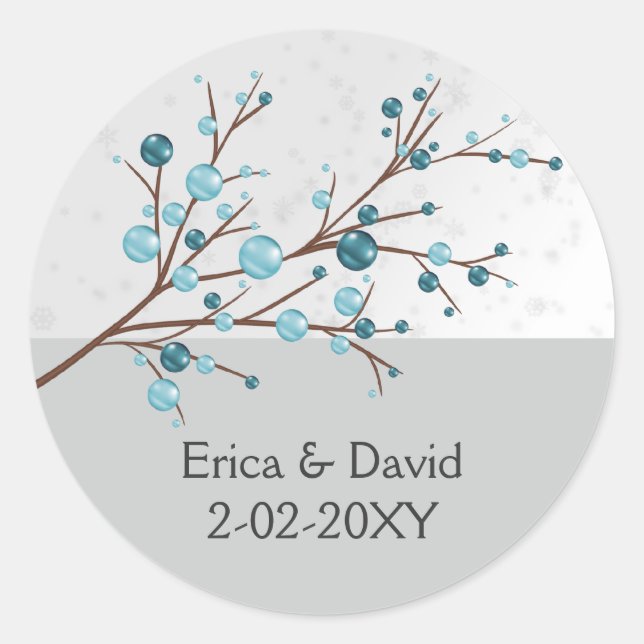 Blue Winter Berries, Winter Wedding Stationery Runder Aufkleber (Vorderseite)
