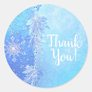 Blue Winter Blätter & Snowflakes Elegante Günstige Runder Aufkleber