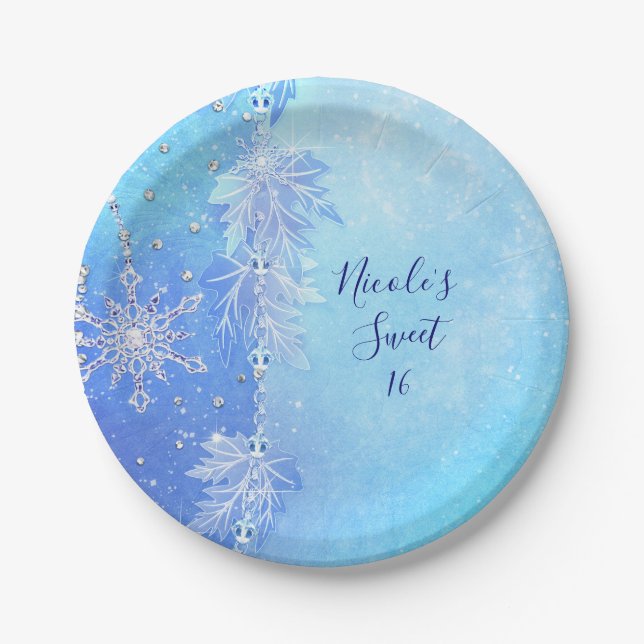 Blue Winter Blätter & Snowflakes Elegantes Party Pappteller (Vorderseite)