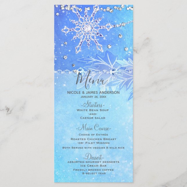 Blue Winter Blätter & Snowflakes Hochzeitsmenü Menükarte (Vorderseite)