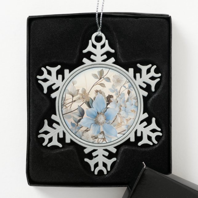 Blue Winter Blume Schneeflocken Zinn-Ornament (Box)