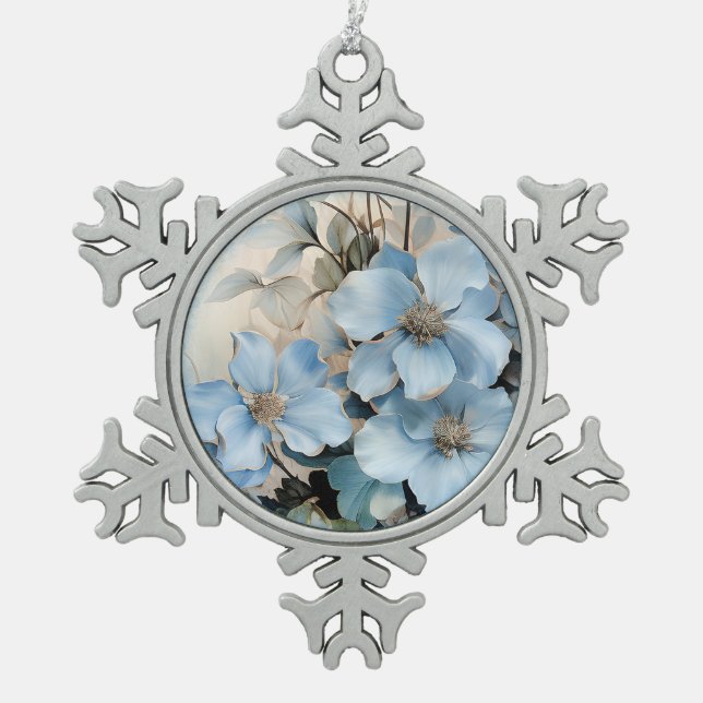 Blue Winter Blume Schneeflocken Zinn-Ornament (Vorderseite)