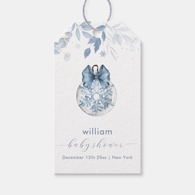 Blue Winter Bow Snowflake Ornament Baby Shower  Geschenkanhänger (Vorderseite)