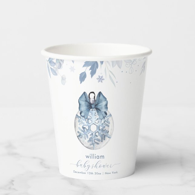 Blue Winter Bow Snowflake Ornament Baby Shower  Pappbecher (Vorderseite)