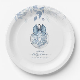 Blue Winter Bow Snowflake Ornament Baby Shower Pappteller